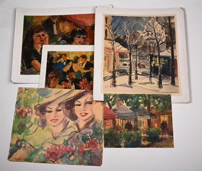 four postcards of paintings of a woman and a man in a park
