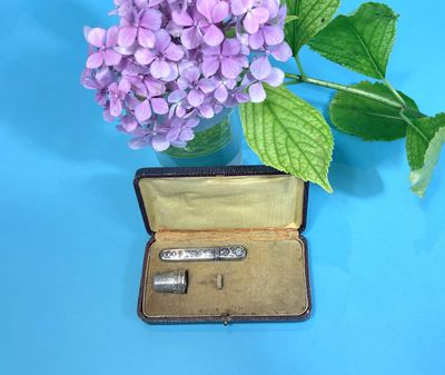 purple flowers in a vase and a pair of scissors in a case