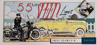 une affiche représentant un homme à moto à côté d'une voiture jaune
