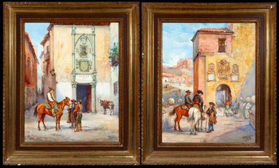 two paintings of men on horses in front of a building