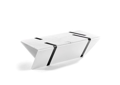 a white marble bench with a black stripe on it