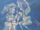 a chalk drawing of two people on a blue background