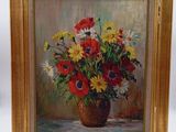 une peinture à l'huile représentant un vase de fleurs sur une table