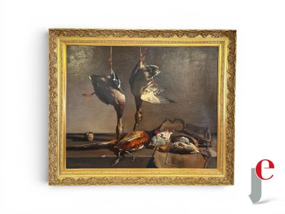 une image représentant un tableau sur lequel figurent deux oiseaux suspendus à une corde