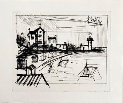 drawing of a black and white picture of a city with a clock tower
