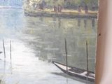 a painting of a boat on the water with trees in the background