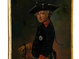 tableau représentant un homme coiffé d'un chapeau noir et tenant une canne