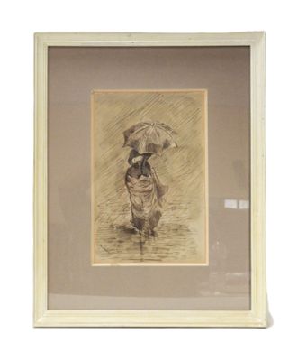 framed drawing of a woman with an umbrella in the rain