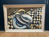 a picture of a painting of a fish on a table