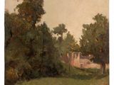 an image of a painting of a field with a house in the background