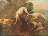 tableau représentant un groupe de chiens jouant avec un oiseau dans un environnement boisé