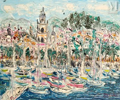 a painting of boats in a harbor with a clock tower in the background