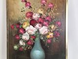 a painting of flowers in a blue vase on a table