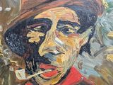 an oil painting of a man with a cigarette in his mouth