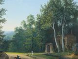 painting of a man riding a horse down a dirt road next to a forest