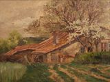 une peinture à l'huile représentant une maison dans un champ, avec un arbre au premier plan