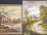 two paintings of trees and a river are shown in a frame