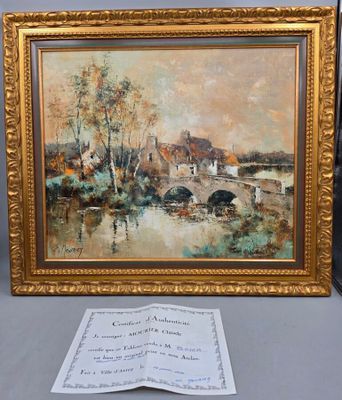 une peinture à l'huile représentant un pont au-dessus d'une rivière, avec une feuille de papier à côté