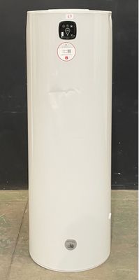 an image of a white water heater sitting on top of a wooden floor