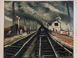 une peinture d'un train descendant les rails