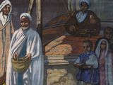 a painting of a group of people standing in front of a building