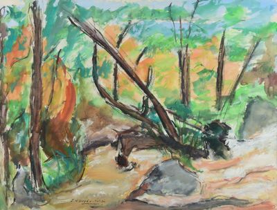 une aquarelle représentant un ruisseau traversant une forêt
