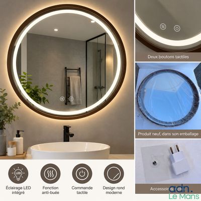 un collage de photos d'une salle de bains avec un miroir rond