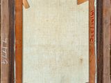 an oil painting of a wooden frame with writing on it