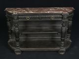 une table avec un plateau en marbre et une étagère en dessous