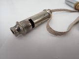 a silver metal whistle with a rope around it