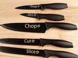 four different types of knives on a cutting board with the words chop, cut, slice, dice