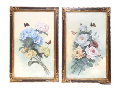 École du XXe siècle. Roses, hortensias et papillons. - Photo 1