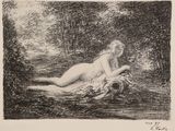 a black and white drawing of a woman laying on the ground