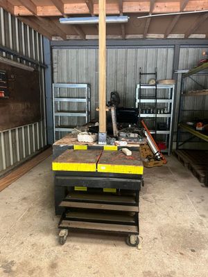 a workbench in the middle of a garage with a lot of tools on it