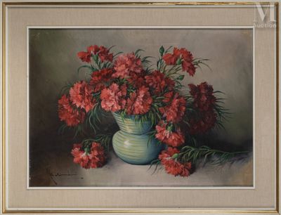 a painting of red flowers in a vase on a table