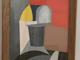 tableau représentant un homme coiffé d'un chapeau, assis à une table à côté d'un vase