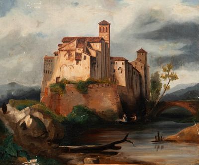 tableau représentant un château situé sur une falaise surplombant une rivière, avec un bateau au premier plan