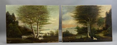 paire de peintures à l'huile du XIXe siècle représentant un paysage boisé