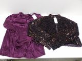 purple and black sequinned top and purple jacket
