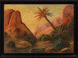 une peinture à l'huile représentant un paysage désertique avec des palmiers et des rochers