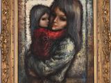 an oil painting of a woman holding a child in her arms