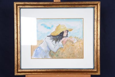 tableau représentant une femme coiffée d'un chapeau de paille, adossée à un fond bleu