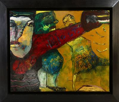 abstract painting of a man with a guitar in a black frame