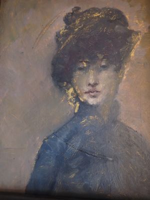 tableau représentant une femme vêtue d'un manteau bleu et d'un chapeau