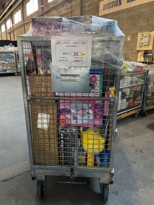 a cart with a lot of items in it in a warehouse