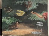 un tableau représentant une femme tendant la main vers un oiseau