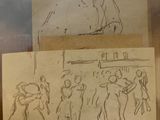 several drawings of people are on display in a glass case