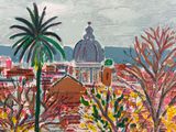un tableau représentant une vue de ville avec des palmiers