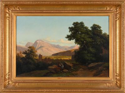 une peinture à l'huile représentant un paysage de montagne avec du bétail paissant au premier plan