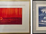 two framed pictures of a red and blue cityscape